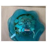 Art Glass Decorative Bowl with Blue, Amber, and Clear Accents