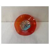 Artisan Handblown Glass Bowl with Red and Multicolor Abstract Design