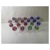 Set of 19 Colored Cut to Clear Crystal Wine Glasses
