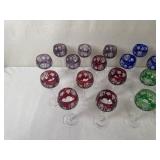 Set of 19 Colored Cut to Clear Crystal Wine Glasses