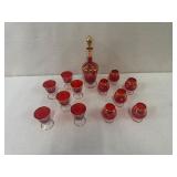 Vintage Red and Gold Decanter Set with 10 Glasses