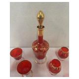 Vintage Red and Gold Decanter Set with 10 Glasses