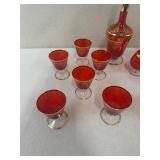 Vintage Red and Gold Decanter Set with 10 Glasses
