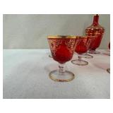 Vintage Red and Gold Decanter Set with 10 Glasses