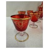 Vintage Red and Gold Decanter Set with 10 Glasses
