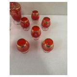 Vintage Red and Gold Decanter Set with 10 Glasses