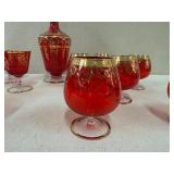 Vintage Red and Gold Decanter Set with 10 Glasses