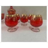 Vintage Red and Gold Decanter Set with 10 Glasses