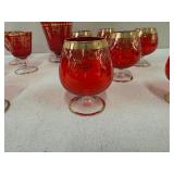 Vintage Red and Gold Decanter Set with 10 Glasses