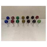 Set of 14 Colored Cut to Clear Crystal Wine Glasses with Etched Floral Designs