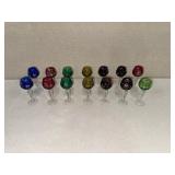 Set of 14 Colored Cut to Clear Crystal Wine Glasses with Etched Floral Designs