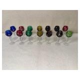 Set of 14 Colored Cut to Clear Crystal Wine Glasses with Etched Floral Designs