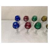 Set of 14 Colored Cut to Clear Crystal Wine Glasses with Etched Floral Designs
