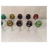 Set of 14 Colored Cut to Clear Crystal Wine Glasses with Etched Floral Designs