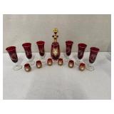 Bohemian Ruby Red Decanter Set with 6 Stem Glasses and 6 Cordials