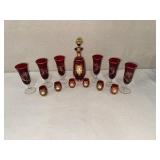 Bohemian Ruby Red Decanter Set with 6 Stem Glasses and 6 Cordials