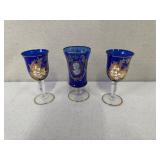Set of 3 Vintage Blue Glass Goblets with Gold and Enamel Accents