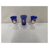 Set of 3 Vintage Blue Glass Goblets with Gold and Enamel Accents