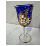Set of 3 Vintage Blue Glass Goblets with Gold and Enamel Accents
