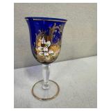 Set of 3 Vintage Blue Glass Goblets with Gold and Enamel Accents