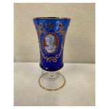 Set of 3 Vintage Blue Glass Goblets with Gold and Enamel Accents