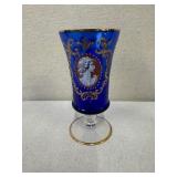 Set of 3 Vintage Blue Glass Goblets with Gold and Enamel Accents