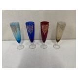 Set of 4 Hand-Painted Colored Champagne Flutes with Gold Accents