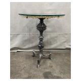 Glass Top Accent Table with Ornate Brass Medallion and Metal Base