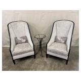 Pair of High-Back Upholstered Accent Chairs with Side Table