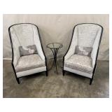 Pair of High-Back Upholstered Accent Chairs with Side Table