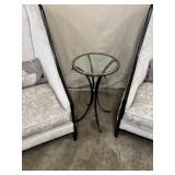 Pair of High-Back Upholstered Accent Chairs with Side Table