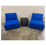 Pair of Blue Lounge Chairs with Black Side Table