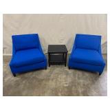 Pair of Blue Lounge Chairs with Black Side Table