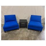 Pair of Blue Lounge Chairs with Black Side Table