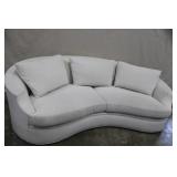 Century Curved White Upholstered Sofa with Three Cushions