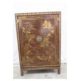 Vintage Asian-Style Wood Cabinet with Gilt Scenic Design