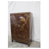 Vintage Asian-Style Wood Cabinet with Gilt Scenic Design