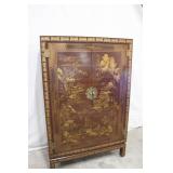 Vintage Asian-Style Wood Cabinet with Gilt Scenic Design