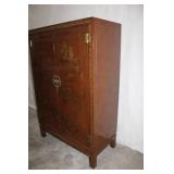Vintage Asian-Style Wood Cabinet with Gilt Scenic Design