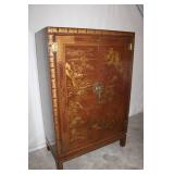 Vintage Asian-Style Wood Cabinet with Gilt Scenic Design