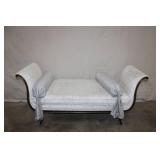 Antique Upholstered Bench with Scroll Arms and Decorative Bolsters