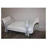 Antique Upholstered Bench with Scroll Arms and Decorative Bolsters