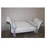 Antique Upholstered Bench with Scroll Arms and Decorative Bolsters
