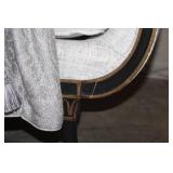 Antique Upholstered Bench with Scroll Arms and Decorative Bolsters