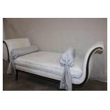 Antique Upholstered Bench with Scroll Arms and Decorative Bolsters