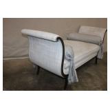Antique Upholstered Bench with Scroll Arms and Decorative Bolsters