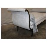 Antique Upholstered Bench with Scroll Arms and Decorative Bolsters