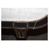 Antique Upholstered Bench with Scroll Arms and Decorative Bolsters