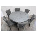 Round Metal Dining Table with 6 Upholstered Gray Chairs