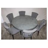 Round Metal Dining Table with 6 Upholstered Gray Chairs